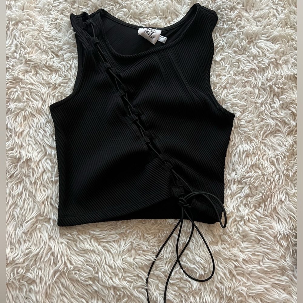 Princess Polly Black Ribbed Tie Up Tank Top